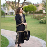 2 Pcs Linen Print Dress & 1 Bag (Shirt, Trouser And Bag) For Girls & Women (Black)