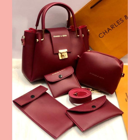 5 Pcs Shoulder Bag Set For Girls Charles & Keith Handbag (Mahroon)