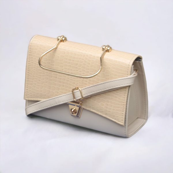 Stylish Cream Hand Bag With Top Handle And Long Strap