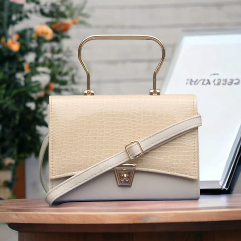 Stylish Cream Hand Bag With Top Handle And Long Strap