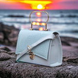 Stylish Sky Blue Hand Bag With Top Handle And Long Strap